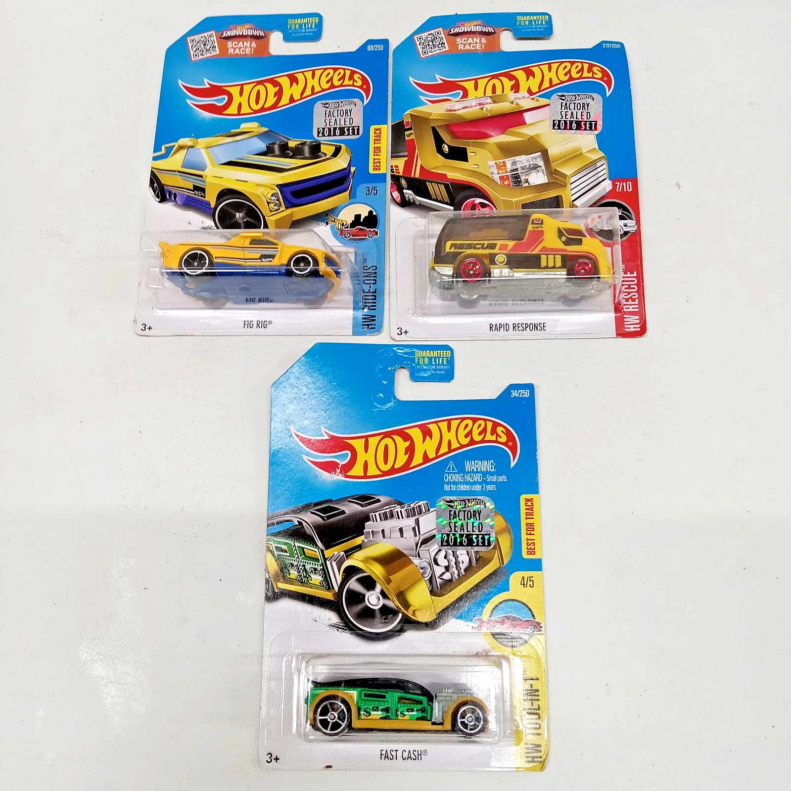 3 HOT WHEELS 2016 FACTORY SEALED SET ON CARD FAST CASH FIG RIG RAPID RESPONSE