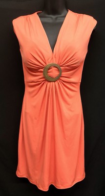 Unique! Cache (Sz 4) Orange Sleeveless Wood Center Buckle Draping Womens Dress