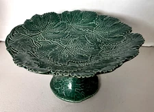 Vintage Majolica Green Leaves Pedestal Cake Stand Compote Centerpiece Italy