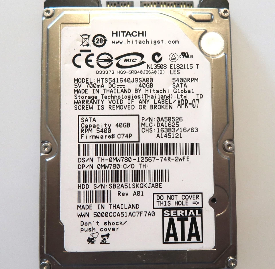 Hitachi HTS541640J9SA00 0A50526 DA1625 Thailand 0MW780 2.5" 40gb Sata HDD APR-07 - Image 2 of 2