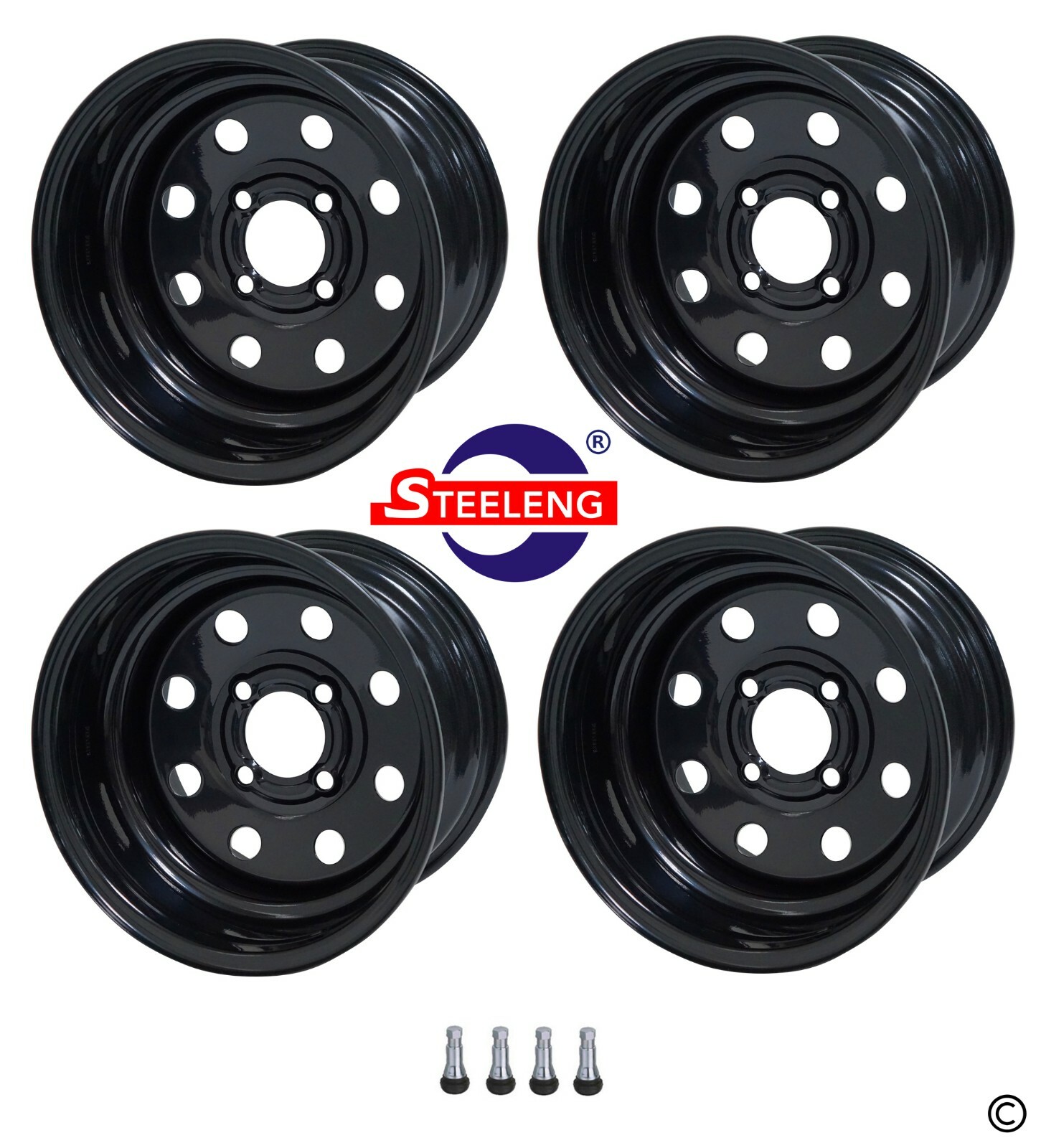 GOLF CART 12"x7" 8-HOLE BLACK STEEL OFFSET WHEELS / RIMS (SET OF 4) 