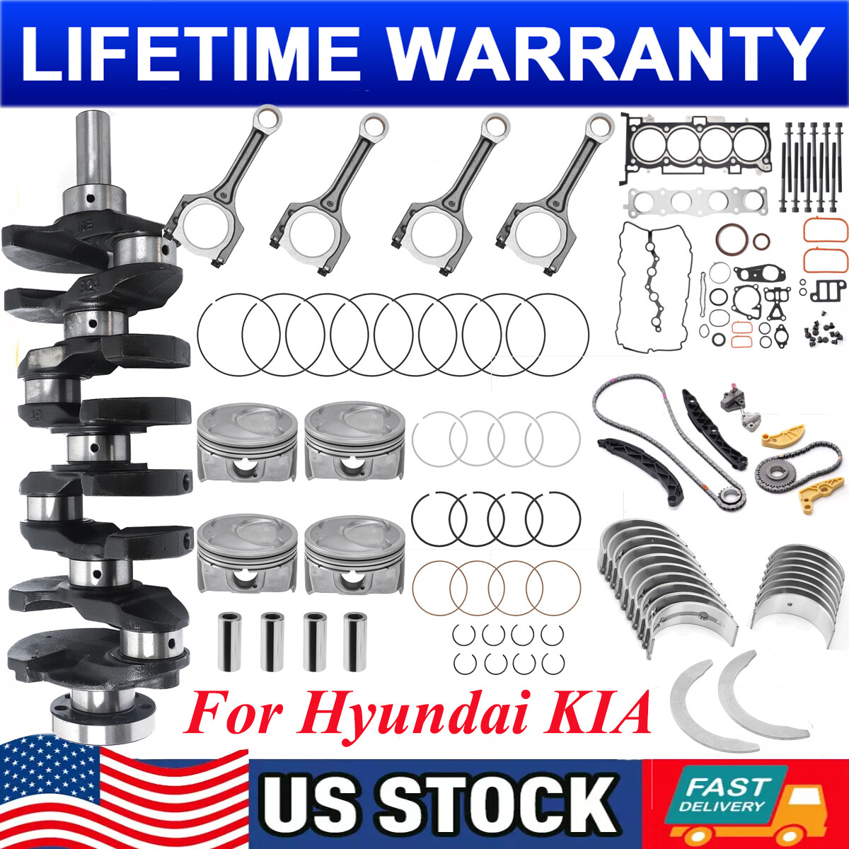For Hyundai KIA G4KJ 2.4L Engine Rebuild Piston Gasket Kits Crankshaft Con Rods