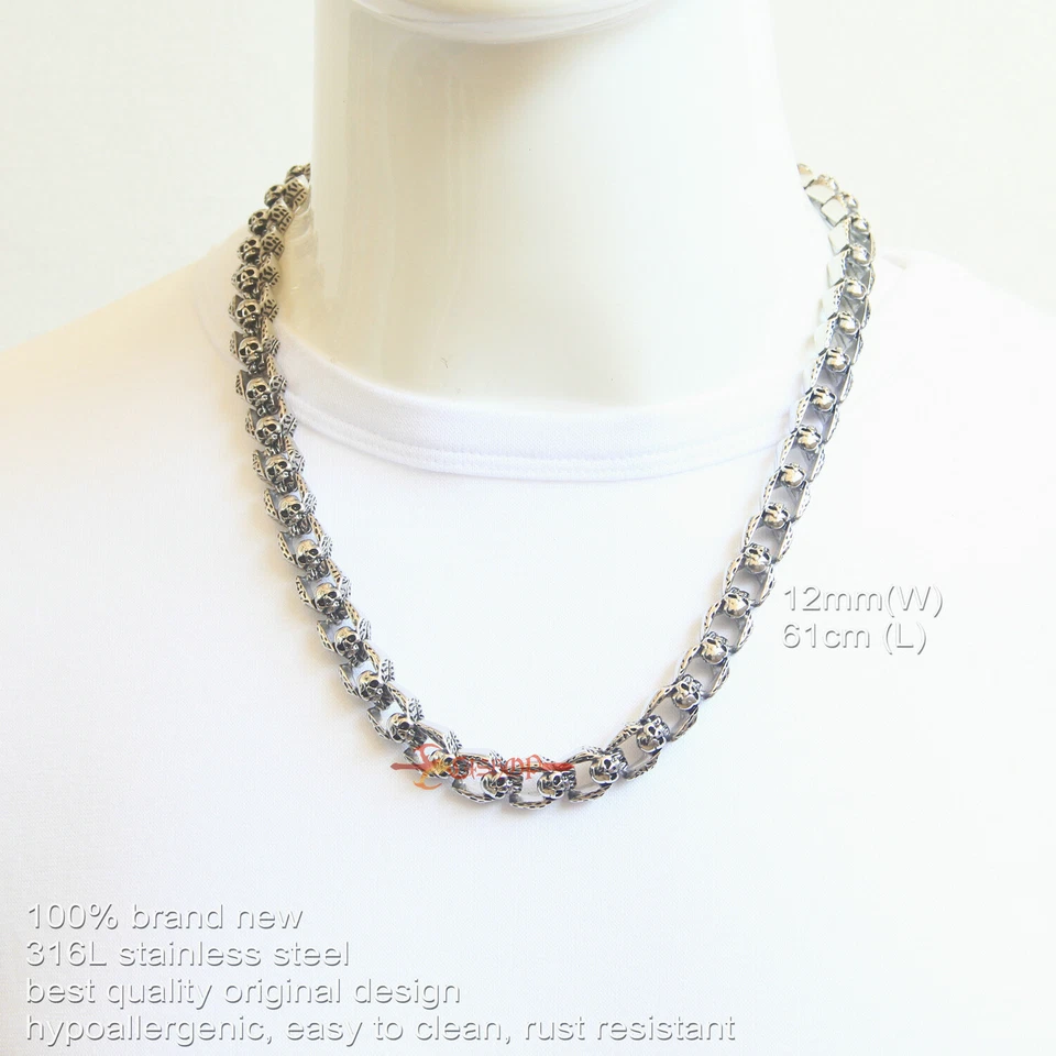 Collar de eslabones de calavera PESADO gótico basculante cadena de acero inoxidable joyería de motociclista para hombre Foto 3 de 4