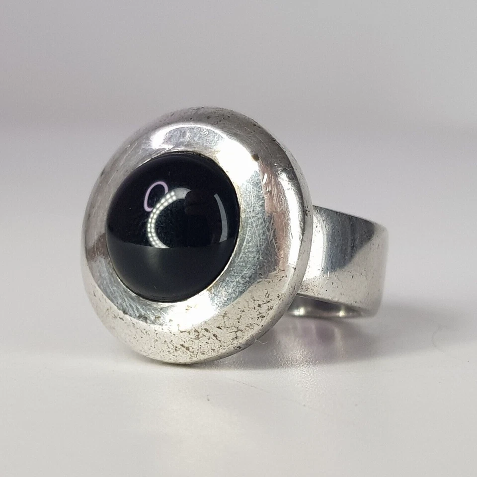 Anillo solitario grueso de ónix de mediados de siglo vintage de los años 60 de plata de ley 925 talla P Foto 3 de 4