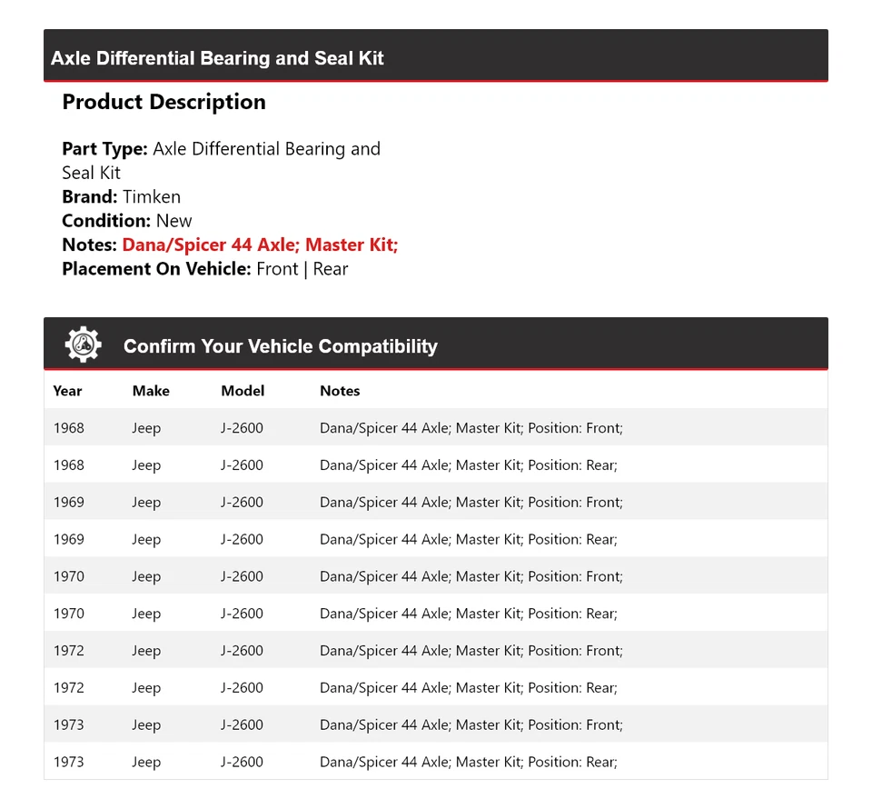 For 1968-70, 1972-73 Jeep J-2600 Axle Differential Bearing and Seal Kit Timken - Image 2 of 3