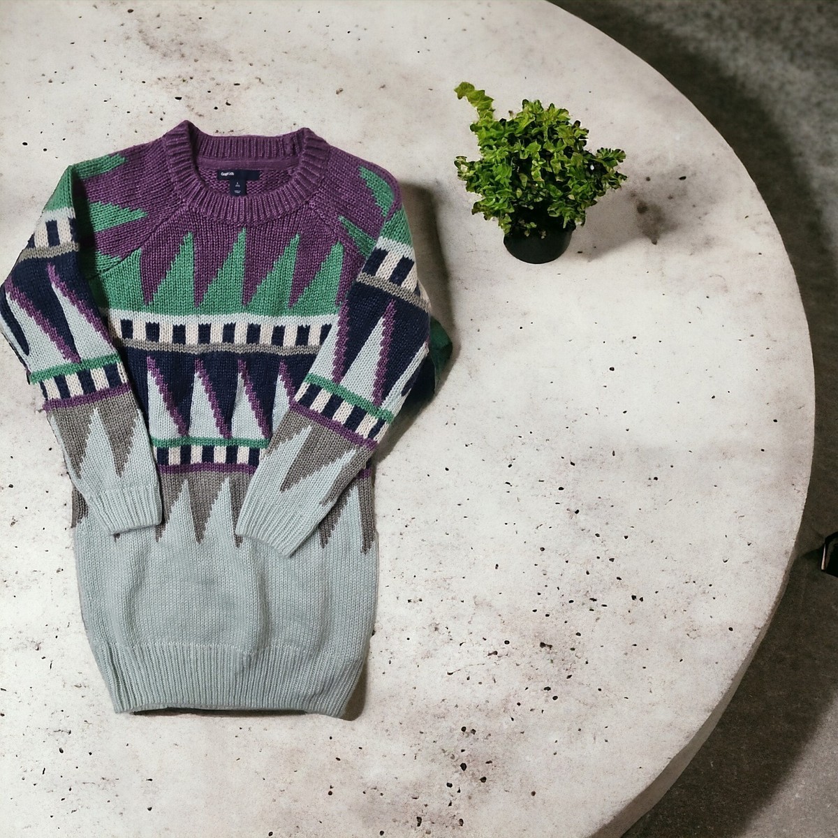 GAP Kids Girls 10 Sweater Dress Intarsia Knit Long Sleeve Geometric Purple  Green