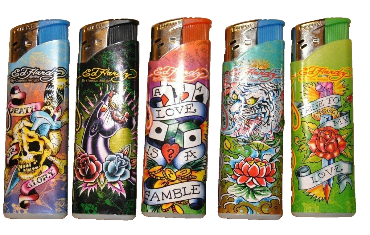 ed hardy cigarette lighter 5 PC Ed Hardy Lighters Tattoo Different Design Refillable Lighter Random(No  Gas)
