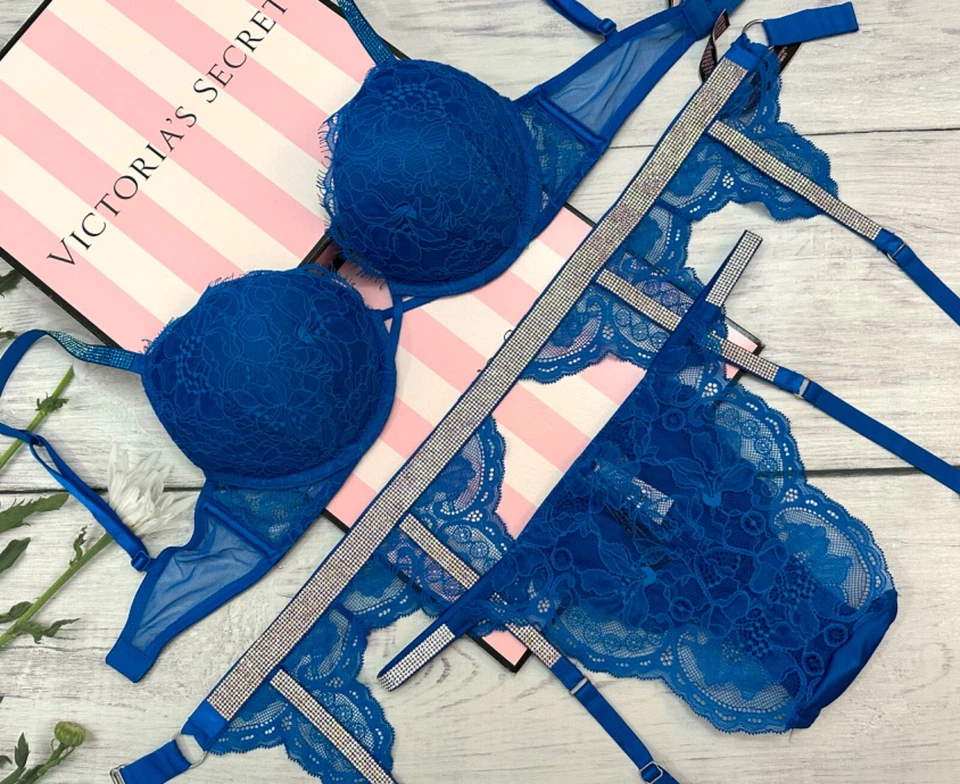 Sutiã Victoria's Secret Shine Strap Bombshell Push Up Biquíni de Liga 3 peças Conjunto Azul - Imagem 3 de 4