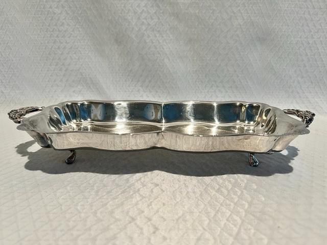 1920s to 1950s Antique Vtg 2 Handle 4 Footed Scallop Rim Silver on Copper Tray