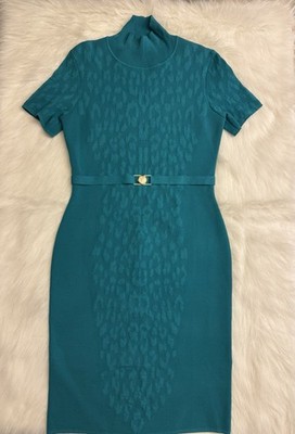 Versace Collection Teal Leopard Jacquard Knit Dress Size 46 With Belt