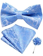 Branduce Paisley Pre-tied Bow Tie and Pocket Square Lapel Pin Set for Sky Blue