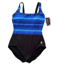 TYR Womens 12 Blue Black Tramonto Scoop Neck Controlfit Durafast Elite One Piece