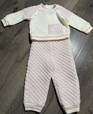 Vtg Pink/white Textured Quilted Buttons 2 Pc Sweater Pants 18 Mo  Girl  Doe Spun