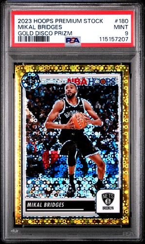2023-24 Hoops Premium Stock MIKAL BRIDGES #180 Gold Disco Prizm #d/10 PSA 9 MINT