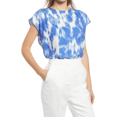 Halogen Women's Cap Sleeve Blouse In Blue Ivory Brush 2X MSRP $49