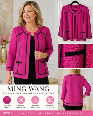 Ming Wang L Pink Black Textured Knit Open Front Jacket Career Travel Large