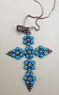 925 Sterling Silver Turquoise Floral Cross Pendant Necklace Thai Vintage Style — photo 1