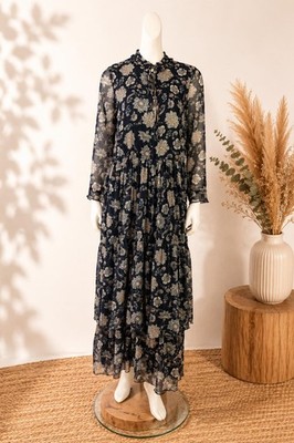 Cortefiel langes Kleid Boho geblümt Schleier marineblau Gr.36/S Neu mit Etikett