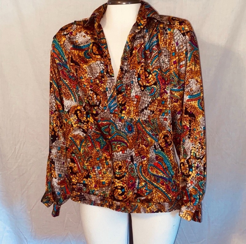 Da-Rue of California USA Top Retro Silky Long Sleeve Blouse Size 4 Vintage