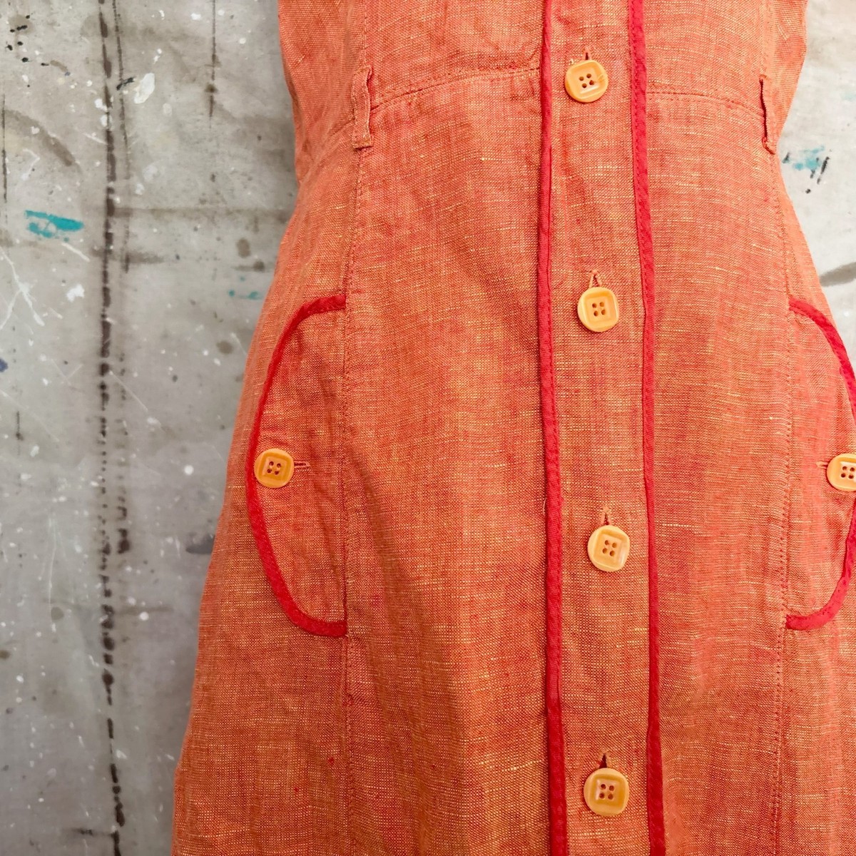 Weekend Max Mara Linen Shirt Dress Sz 8 - Orange Button Collared Sleeveless Midi View 3
