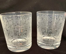 Vintage KOSTA STOCKHOLM SWEDEN Etched St Erik Whiskey 2 Glass set Vicki Linstrom