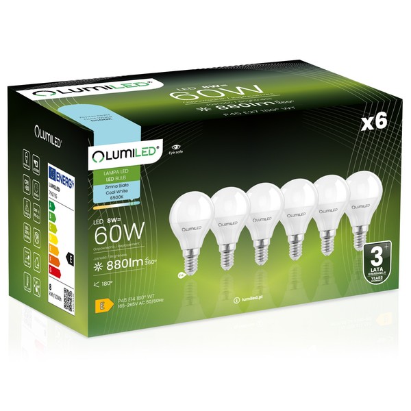 6X Led-GlüHbirne E14 Kugel P45 8W = 60W 880Lm 6500K Kaltweiß 180° Lumiled-image