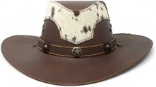 Genuine Leather Cowboy Western Hat for Men and Woman with Cowhide Hair - Brown