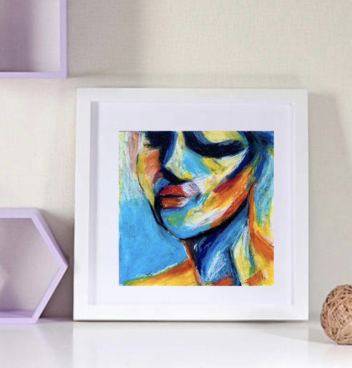 Original oil pastels art. Abstract Portrait. Size 8.3”x8.3