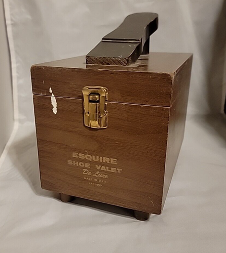 Vintage ESQUIRE Shoe Valet De Luxe Wood Shoe Shine Box Kit Brushes & Clothes