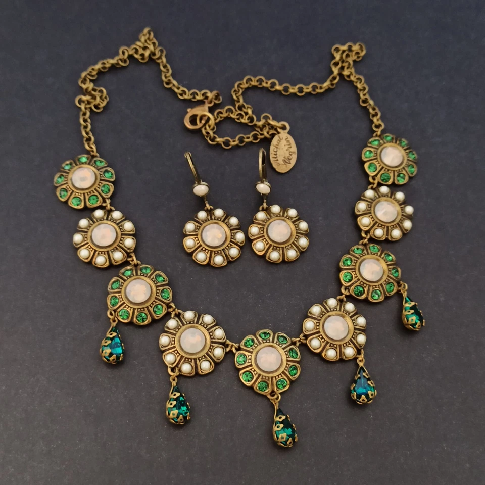 Michal Negrin Set Green With White Swarovski Crystals Earrings Necklace Royal - Image 4 of 4