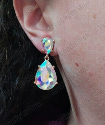 CLIP ON Retro 4cm RAINBOW CRYSTAL Drop EARRINGS AB Gold Tone Vintage Style - Picture 9 of 23