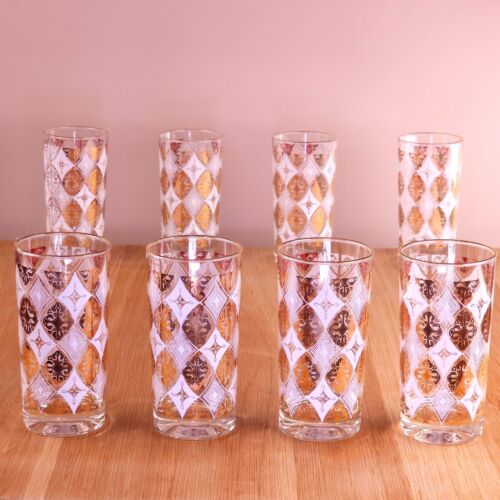 Set of 8 Vintage MCM Gold & White Filigree Highball Glasses, Immaculate/Like New - Picture 2 of 7