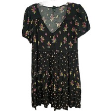 Wild Fable Floral Tiered Mini Dress V Neck Short Sleeve Casual Black S