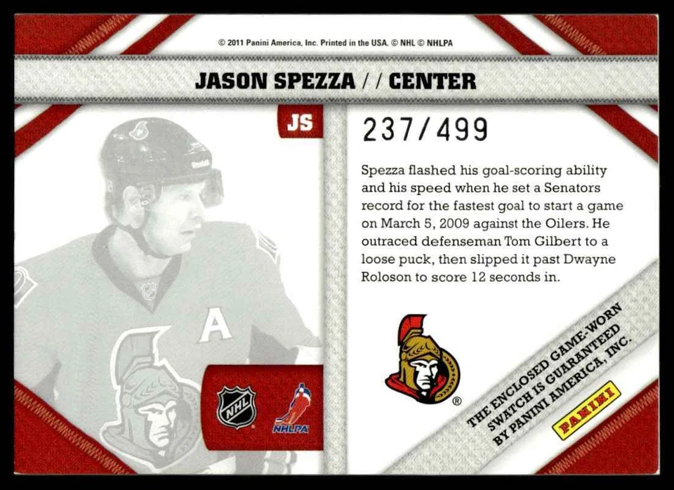 2010-11 Panini Pinnacle Threads Jason Spezza 237/499 Ottawa Senators #JS - Image 2 of 2