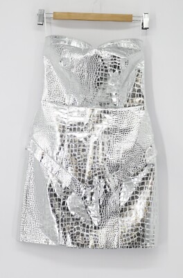 ROTATE HEMLYYY WOMENS CROCODILE FAUX LEATHER MINI DRESS SILVER RRP £220 EG