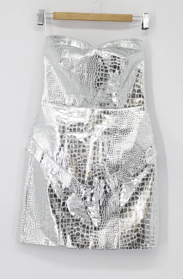 ROTATE HEMLYYY WOMENS CROCODILE EFFECT FAUX LETHER MINI DRESS SILVER RRP £220 EG