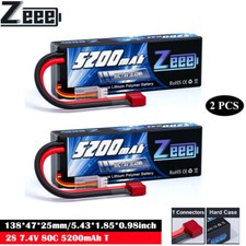 2x Zeee 7.4V 2S Lipo Battery T Plug 80C 5200mAh HardCase for RC Car Truck Tank