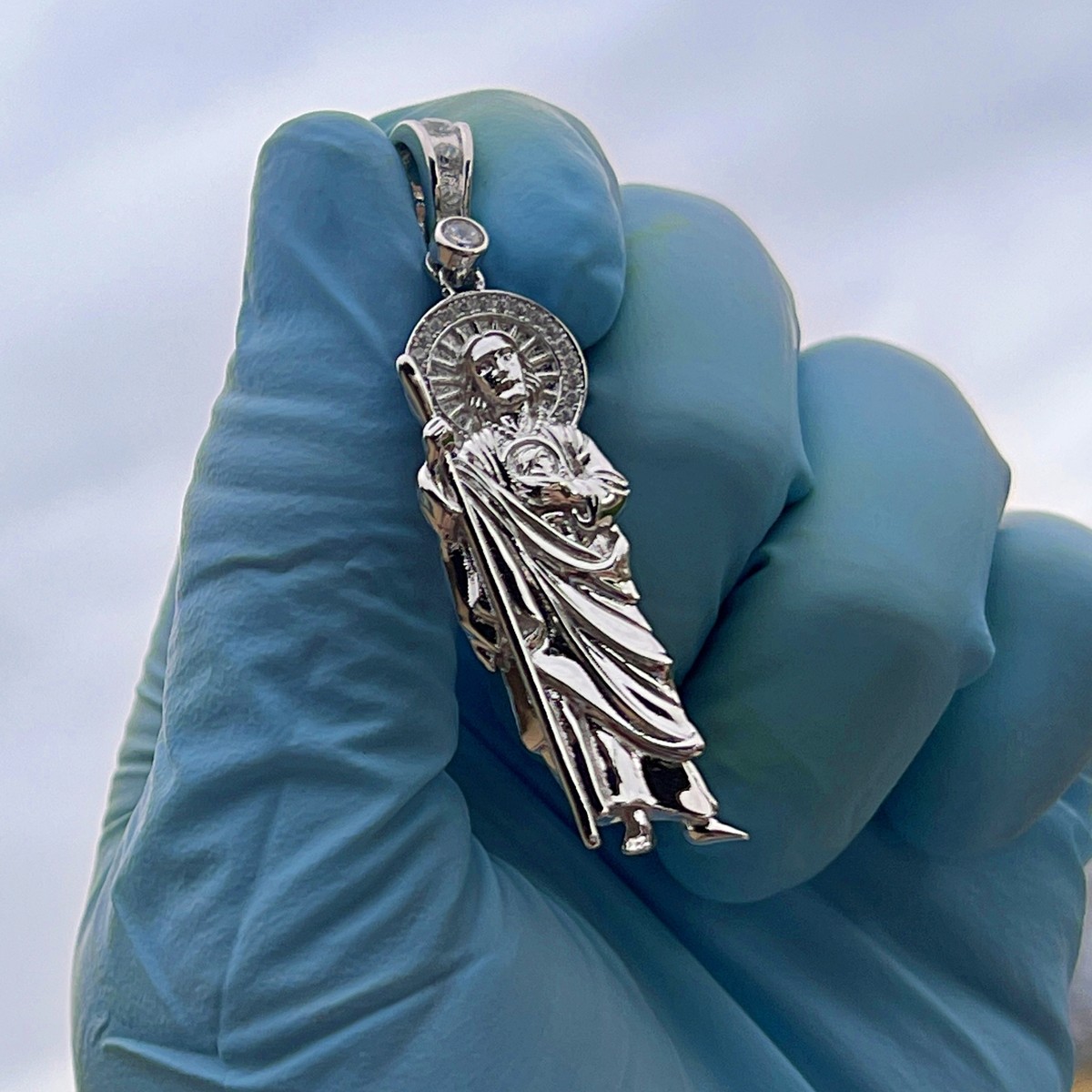 Men Women 925 Italy 14k Gold Finish Iced Silver Saint Jude Charm Ice Out Pendant Stainless Steel Real Rope Chain Necklace, Mens Jewelry, Iced Pendant, collar de San Judas tadeo Rope Necklace