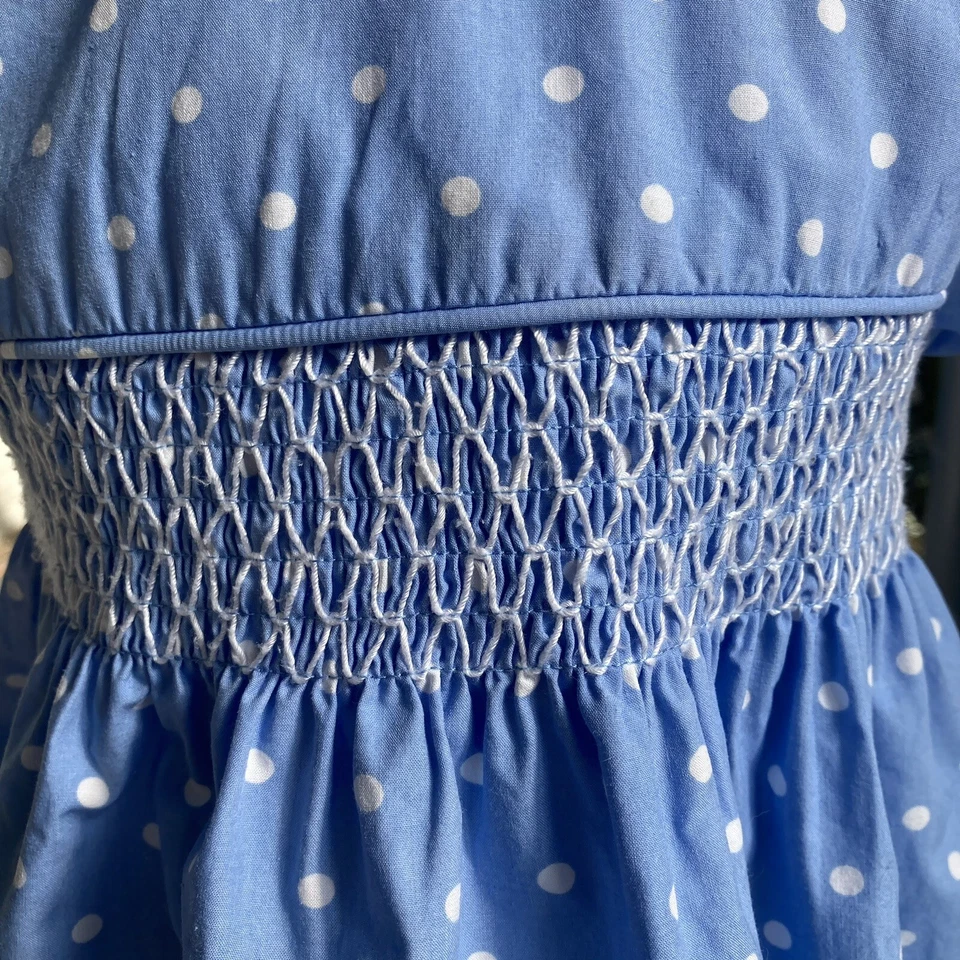 Charming Hartstrings Blue Dotted Smocked Dress, Girls Sz 4 Peter Pan Collar - Image 3 of 4