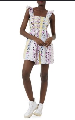 French Connection Floral Mini Smocked Dress Pockets Organic Cotton Women Size 4