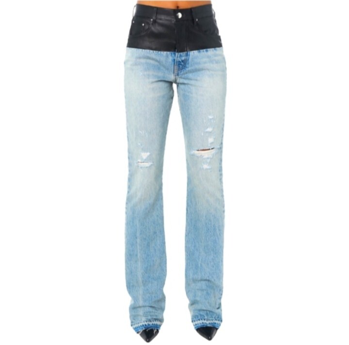 【送料&関税込】AMIRI Bootcut Jeans AMIRI Jeans Hybrid Leather Bootcut Jeans Distressed Blue