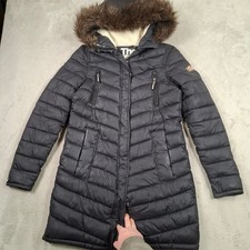 Superdry Puffer Coat Womens Medium Black Fuji Parka Quilted Hooded Winter