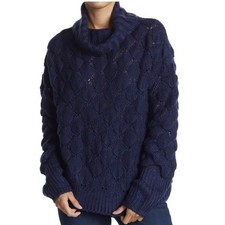 NEW FRNCH Bubble Stitch Chunky Knit Oversized Turtleneck Sweater Navy S/M