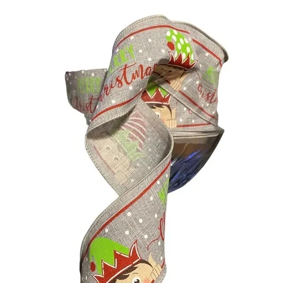 Merry Christmas Holiday Elf 100 Ft Spool Roll Ribbon Grey Wired Edge 2.5” Bow - Image 2 of 2