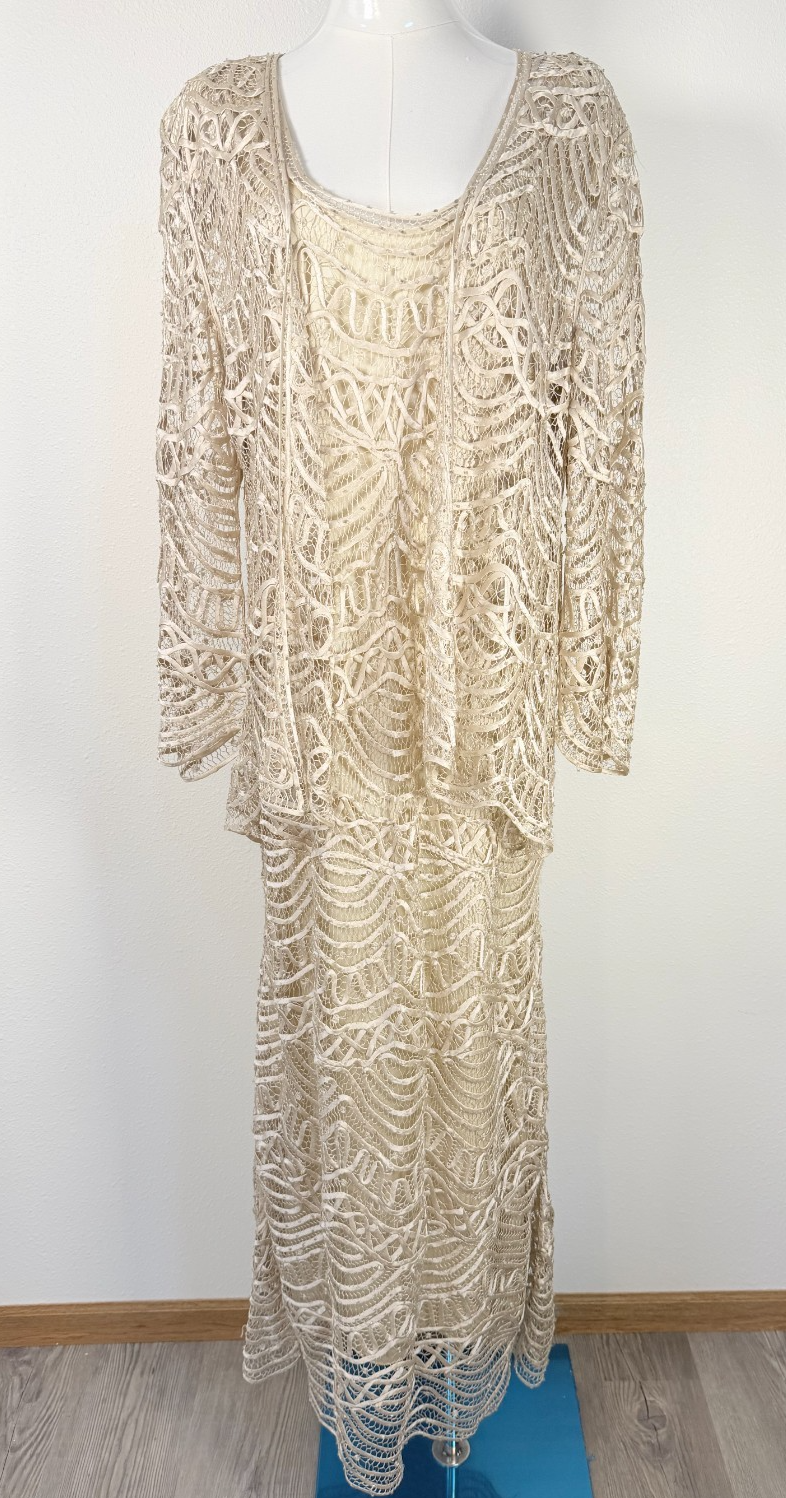 Soulmates 100% Silk Handcrafted 2-Piece Beige Crochet Maxi Dress Set XL