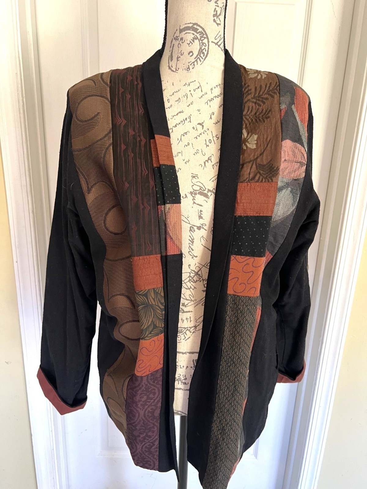 Anna Brown Open Blazer Jacket Patchwork Quilt Art… - image 1