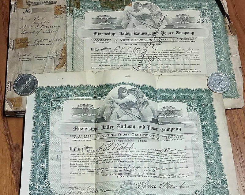 1915 Mississippi Valley Railway VOTING TRUST CERTIFICATE Aledo EARP Monmouth ILL