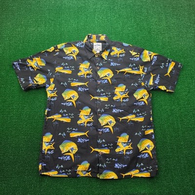 Guy Harvey Shirt Mens Large Black Mahi Mahi Dorado Flying Fish AOP AFTCO