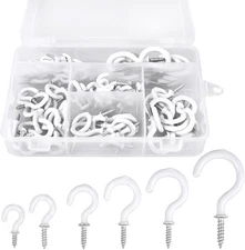 90 Pcs White Ceiling Hooks kit, 6 Sizes Vinyl Coated Screw-in Plant, Kitchen, Cu