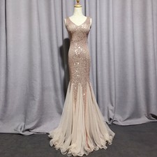 V-Neck Rose Gold Sequin Mermaid Prom Dresses Tulle Evening Formal Gowns
